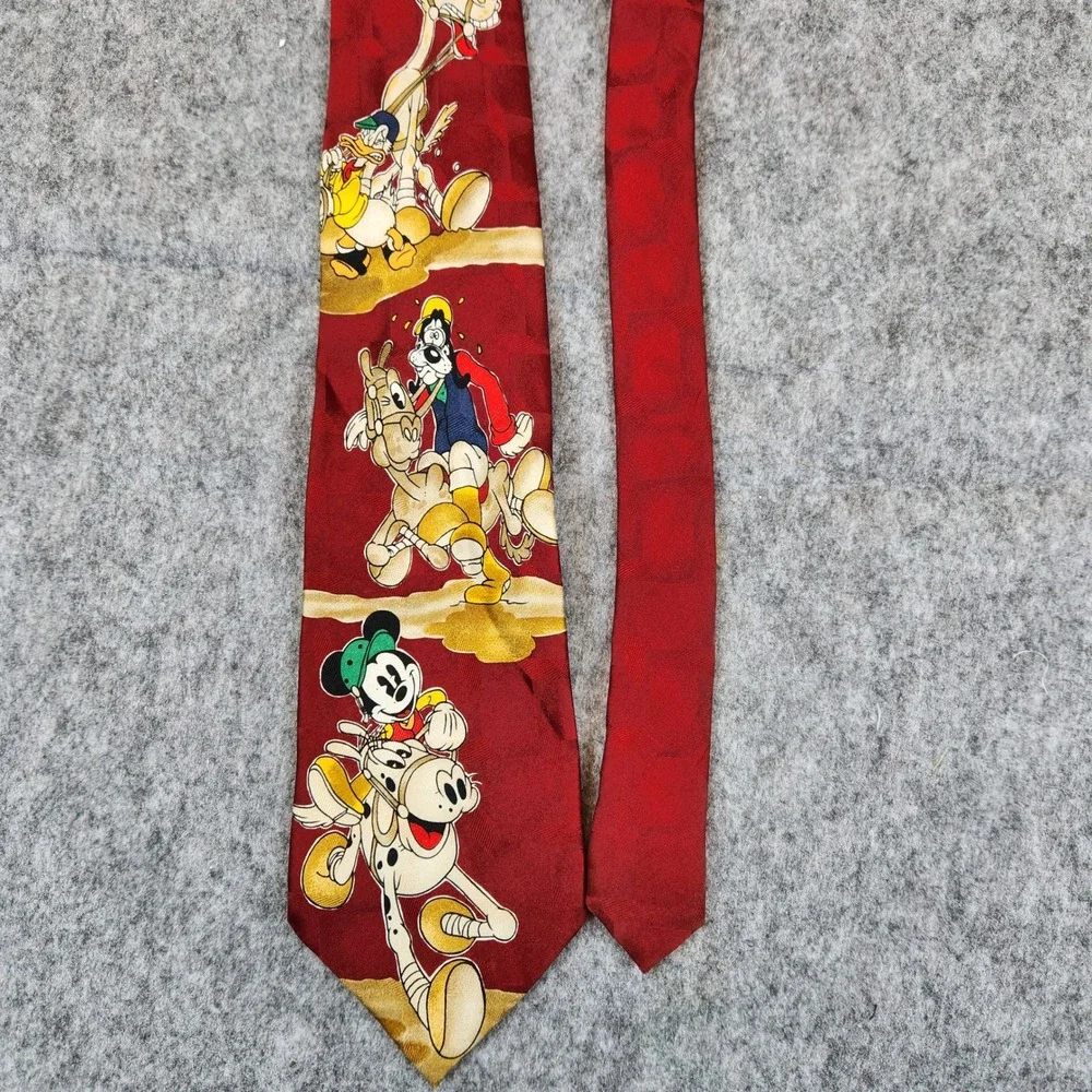 Disney Mickey Necktie Men OS Red Vintage Silk Mickey Goofy Donald Duck Horse 90s
